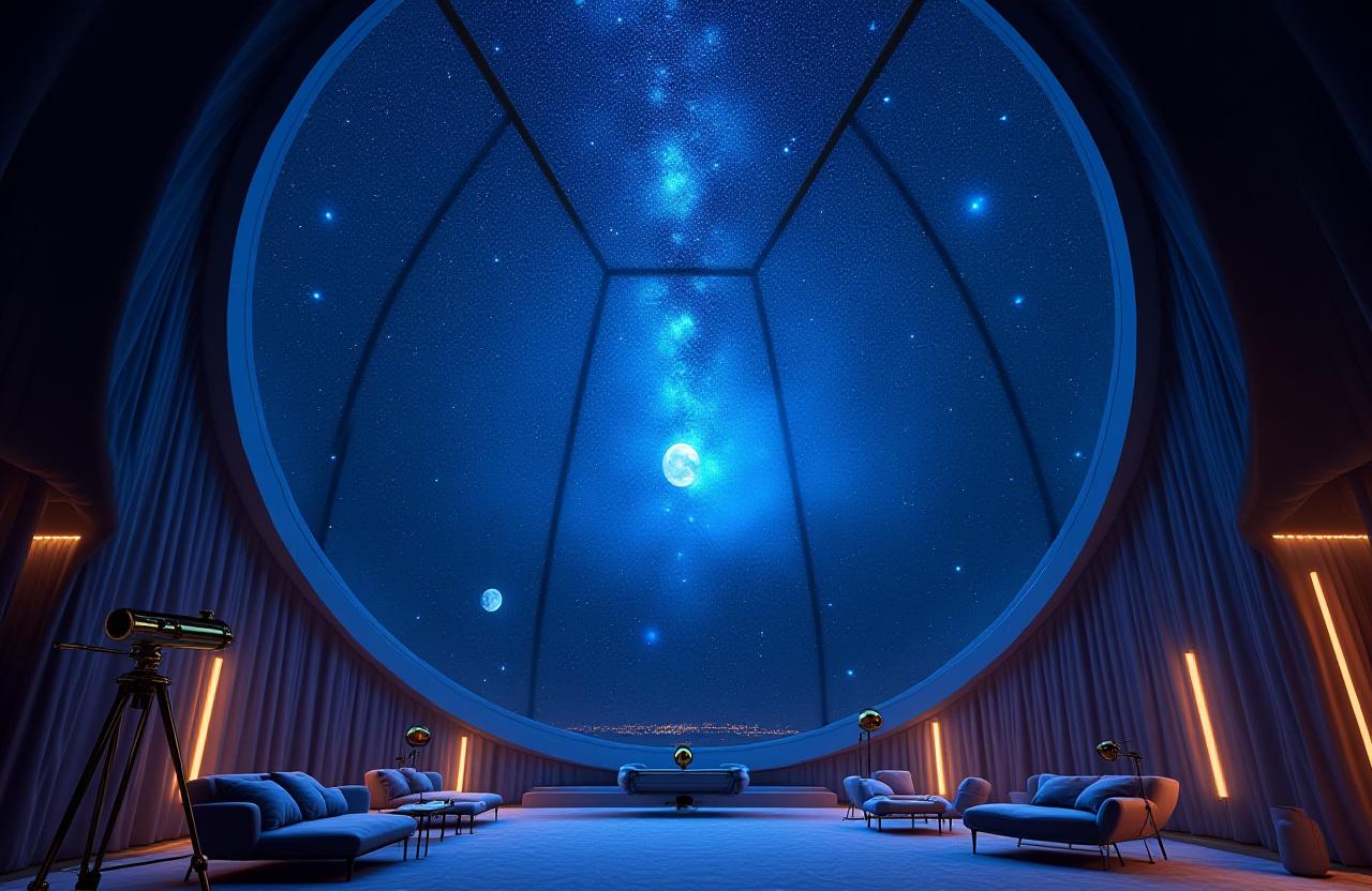 Luxury hotel suite with high-tech telescope and glass ceiling